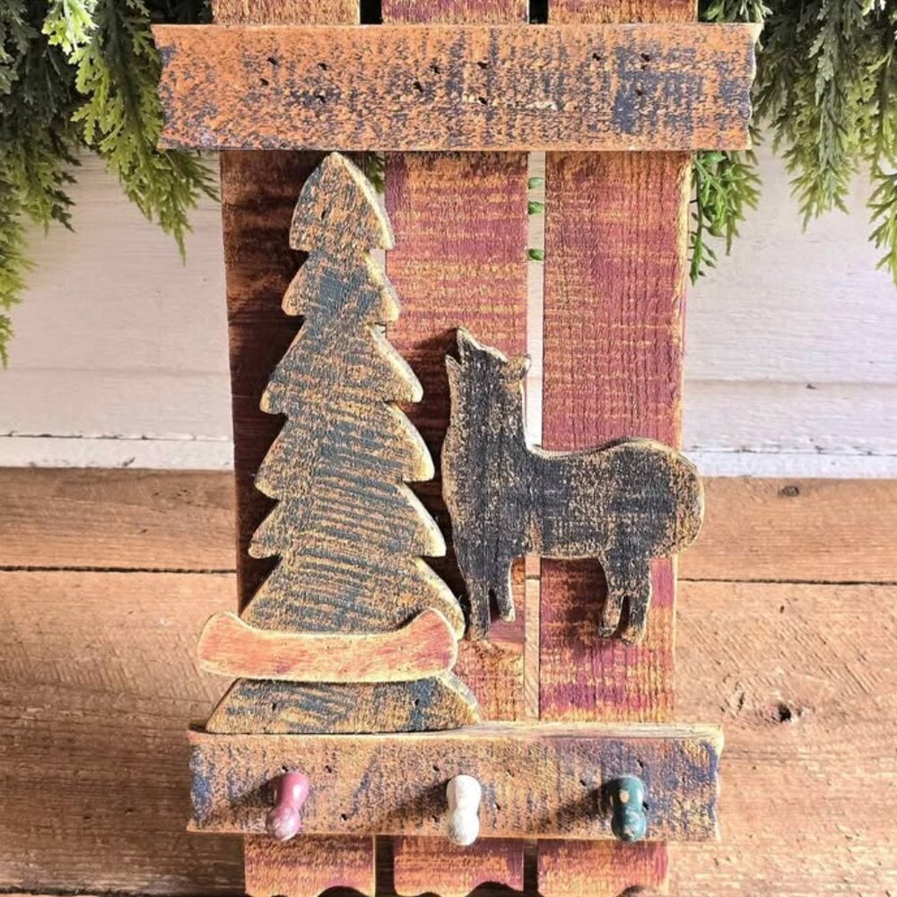Primitive Distressed Wooden Wolf Tree Canoe Key Peg Rack Cabin Wall Hanging